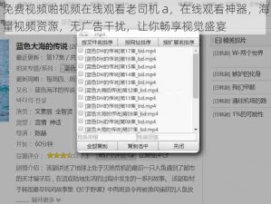 免费视频啪视频在线观看老司机 a，在线观看神器，海量视频资源，无广告干扰，让你畅享视觉盛宴