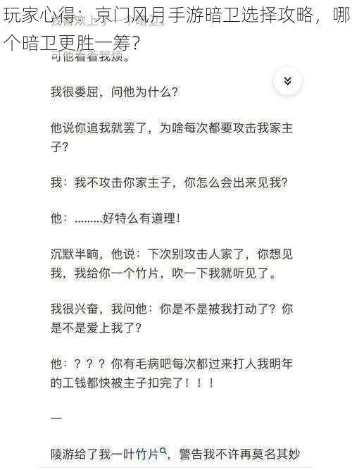 玩家心得：京门风月手游暗卫选择攻略，哪个暗卫更胜一筹？