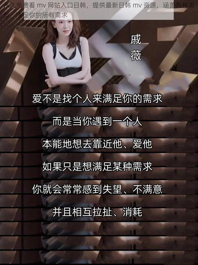 永久免费看 mv 网站入口日韩，提供最新日韩 mv 资源，涵盖各种类型，满足你的所有需求