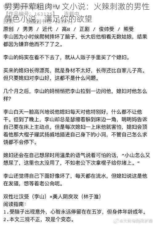 男男开荤粗肉-v 文小说：火辣刺激的男性情色小说，满足你的欲望