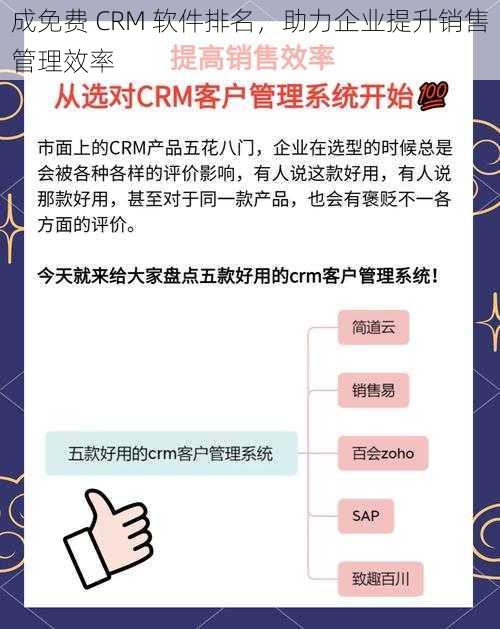 成免费 CRM 软件排名，助力企业提升销售管理效率