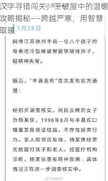 汉字寻错闯关，王破屋中的温暖攻略揭秘——跨越严寒，用智慧取暖